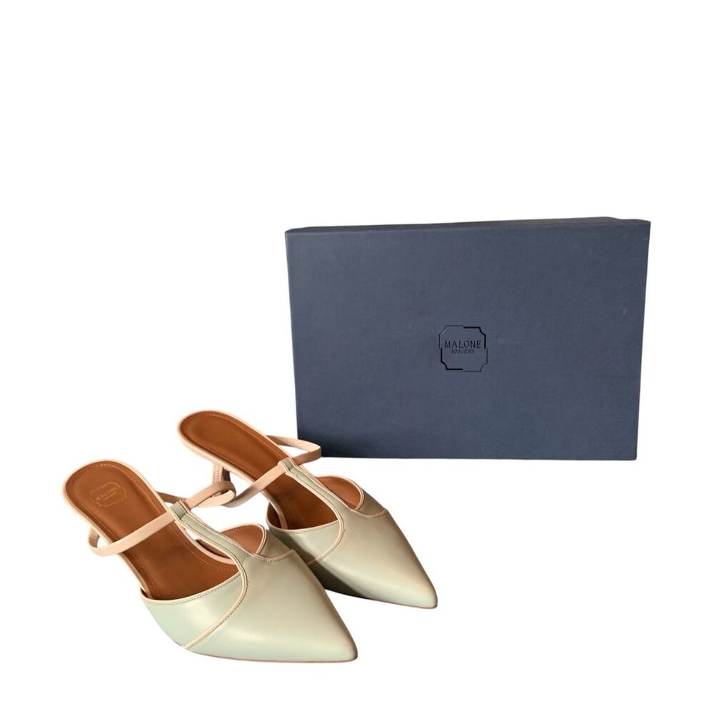 NEW IN BOX MALONE SOULIERS Ima light blue Leather T Bar Mules Heels Shoes sz 7.5